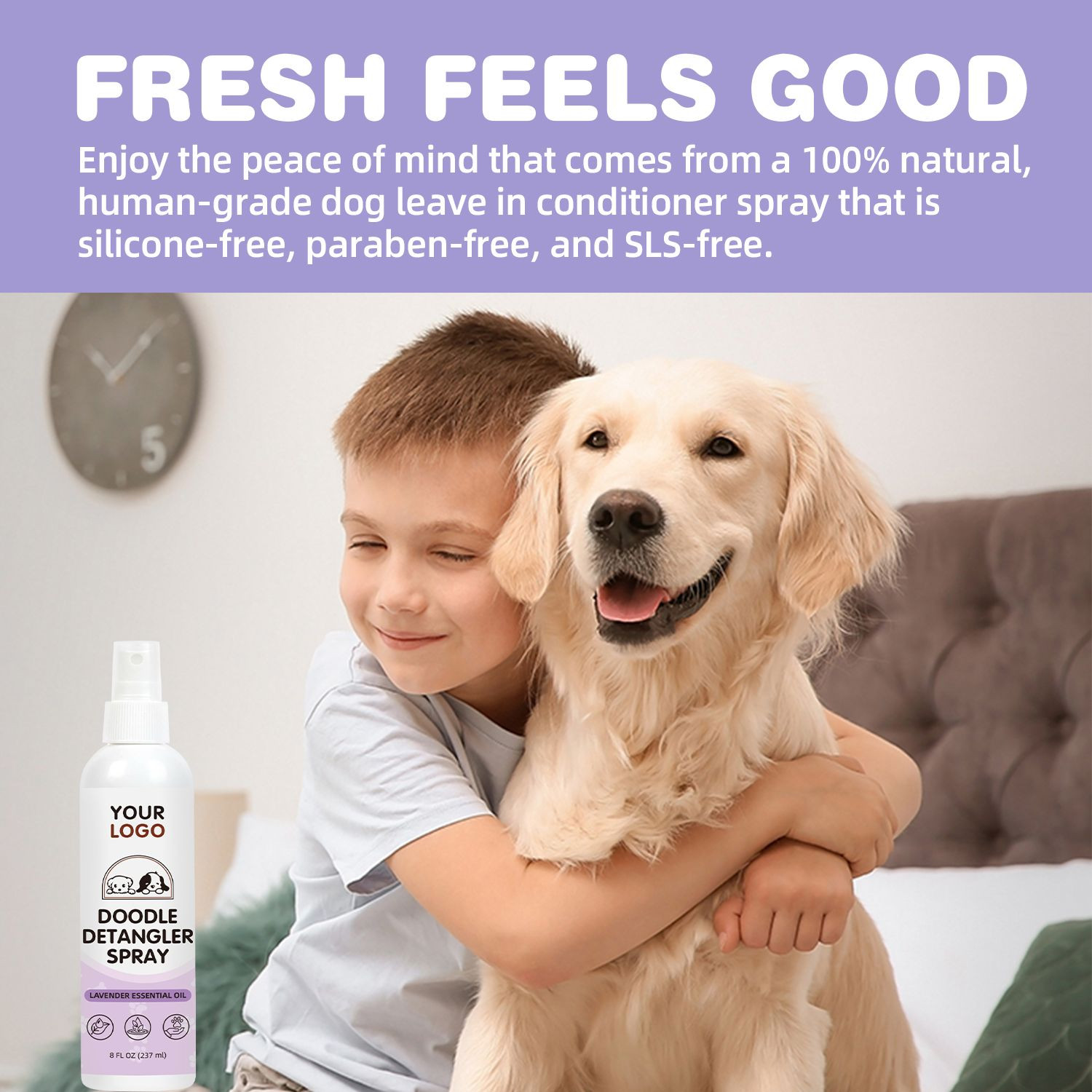Hypoallergenic 8oz Dog Detangler Spray All Natural Lavender Essential Oil Pet Coat Conditioner for Cat Matted Fur